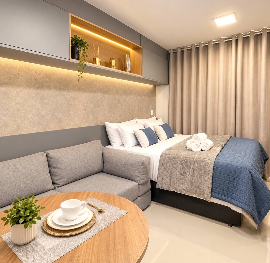 Studio com cama, sofá e mesa de jantar